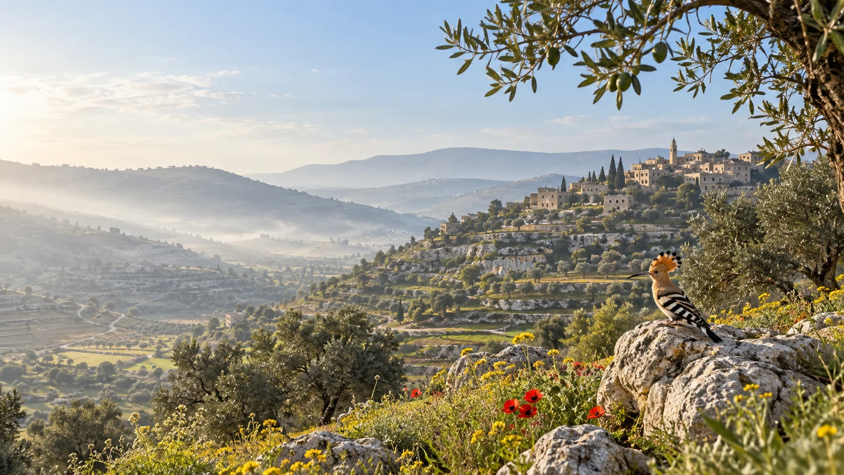 Illustrative Palestinian landscape with olive trees and wildflowers
