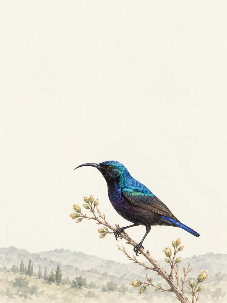 Watercolor illustration of a Palestine sunbird